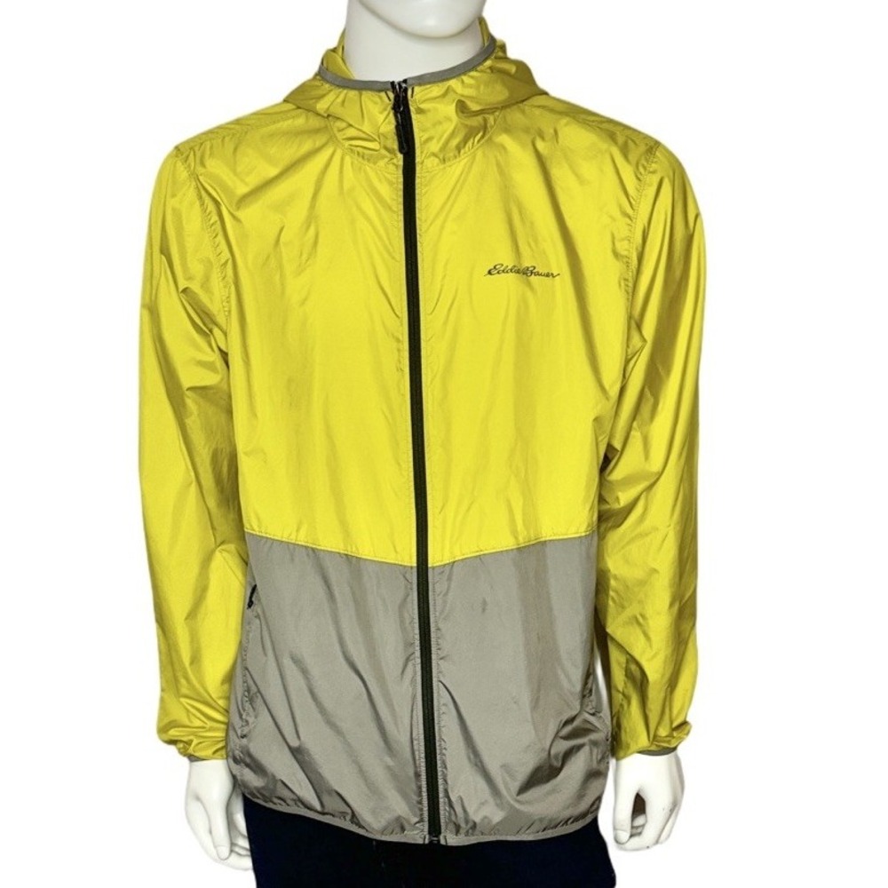 Eddie Bauer Yellow Gray Full Zip Hooded Windbreaker Jacket Mens Large D1751448‎